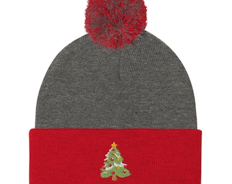 Pom Pom Beanie Christmas Tree Embroidered Beanie