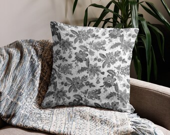 Linen Feel Gray and White Floral Premium Pillow
