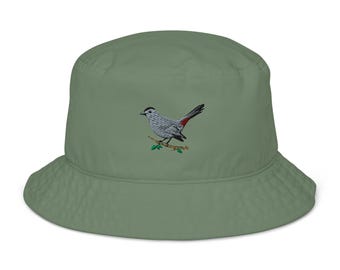 Gray Catbird Embroidered Bird Organic bucket hat