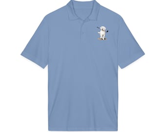 White Labrador Retriever With Golf Club Polo Shirt, Moiture Wicking Golfer Shirt