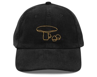 Mushrooms Line Art Embroidered Hat Vintage Corduroy Cap | Unique Design, Stylish Gift Idea for Nature Lovers