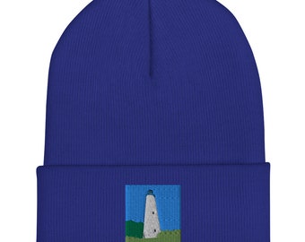 Embroidered Cuffed Beanie: Lighthouse Ocracoke Island, North Carolina Coastal Winter Hat