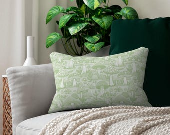 Cottage Core Mushrooms Pillow, Botanical Decor, Lime Cream Green Decorative Cushion, Nature Lover Gift, Cozy Home Accent