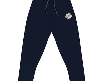 White Daisy Embroidered Joggers - Unisex Comfortable and Stylish Casual Wear - Unique Floral Sweatpants