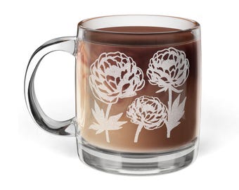 Engraved Peonies Glass Coffee Mug