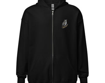 Horned Owl Zip Hoodie, Unisex Heavy Blend, Embroidered Bird Design, Cozy & Stylish, Perfect Gift for Nature Lovers