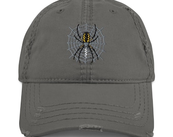 Distressed Dad Hat with Writing Spider and Web Embroidery – Vintage Baseball Cap for Men & Women, Adjustable, Casual Streetwear Accessory