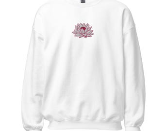 White and Pink Lotus Flower Embroidered Unisex Sweatshirt | Cozy and Stylish Floral Design Apparel