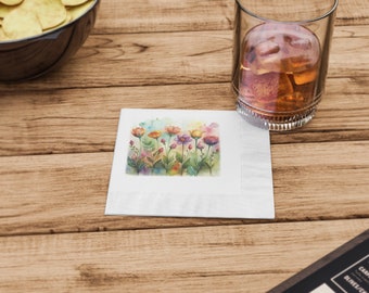 Watercolor Wildflowers White Coined Napkins : Luncheon (6.5" x 6.5") and Beverage (4.8" x 4.8")
