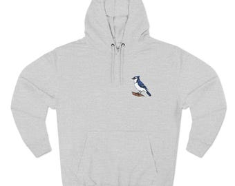 Blue Jay Embroidered Hoodie: Cotton Fleece Three-Panel Sweatshirt