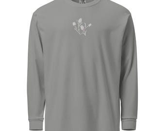 White Wild Tulips Embroidered Garment-dyed heavyweight long-sleeve shirt