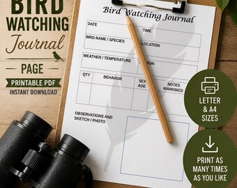 Printable Bird Watching Journal Page | Observation Log | Letter & A4 PDF Download