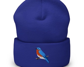 Eastern Bluebird Embroidered Bird Cuffed Beanie