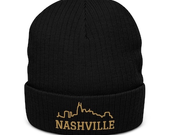 Nashville Skyline Embroidered Beanie - Ribbed Knit Winter Hat, Music City Line Art, Cozy & Stylish Accessory