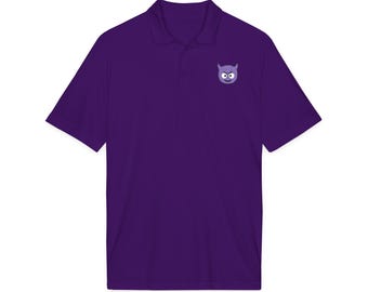Purple Devil Emoji Embroidered Cartoon Devil Face Polo, Moisture Wicking Shirt
