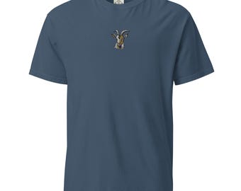 GOAT Embroidered Heavyweight Unisex T-Shirt, Garment-Dyed Cotton Tee, Casual Durable Top for Men & Women