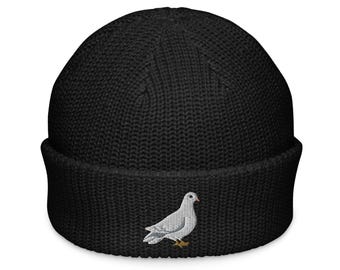 Dove Embroidered Beanie, Fisherman Style Warm Hat, Bird Design Knit Cap, Winter Accessories, Unique Gift for Her