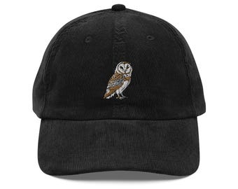 Barn Owl Embroidered Cap, Vintage Corduroy Hat, Nature Lover Gift, Wildlife Accessories, Stylish Embroidered corduroy Bird Hat