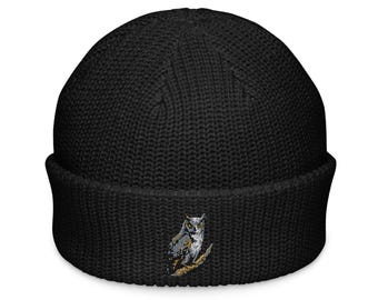 Embroidered Horned Owl Fisherman beanie