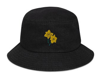 Spring Daffodils Embroidered Denim Bucket Hat | Floral Sun Hat | Cute Spring Floral Hat