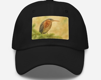 Green Heron Printed Hat Watercolor Style Bird Cap Nature Lover Gift Adjustable Unisex Bird Lover Hat