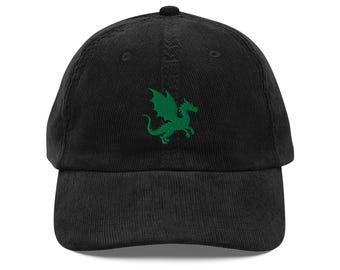 Green Dragon Embroidered Corduroy Hat, Minimal Fantasy Cap Gift