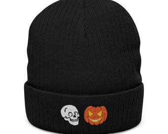 Skull and Jack O Lantern Embroidered Ribbed Knit Beanie (Embroidery)