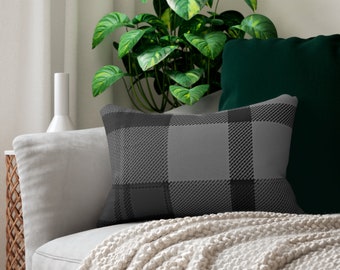 Gray and Black Plaid Spun Polyester Lumbar Pillow 20 inches x 14 inches