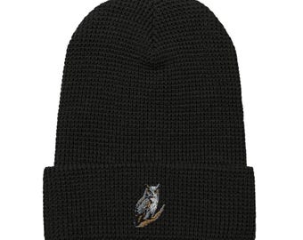 Great Horned Owl Beanie Embroidered Bird Waffle Knit Hat, Cozy Winter Accessory, Unique Gift for Bird Lovers
