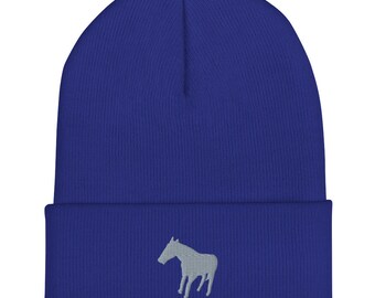 Cuffed Beanie Embroidered Gray Horse Silhouette Unisex Adult Acrylic Beanie Hat
