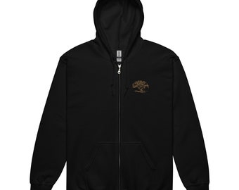 Unisex heavy zip hoodie Embroidered Gnarly Tree