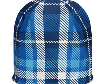 Blue Plaid Pattern Beanie, All-Over Print Hat, Cozy Winter Accessory, Unisex, Stylish Headwear for Cold Weather