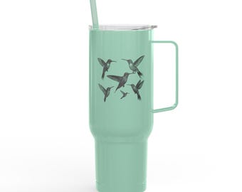 Hummingbirds Engraved Tumbler, Stainless Steel Travel Mug, Large 40oz Cup, Custom Personalized Gift, Floral Bird Design