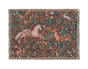 Medieval Unicorn and Stag Woven Cotton Throw Blanket, Millefleurs Floral Tapestry