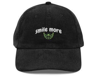 Smile More Fun Embroidered Vintage corduroy cap, Cheshire Grin Cap, Positive Vibes Gift, Trippy Whimsical Chill Aesthetic Hat