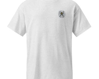 Embroidered Writing Spider and Web T-Shirt, Moisture Wicking Tee for Men & Women, Breathable Activewear Top, Unique Nature-Inspired Shirt
