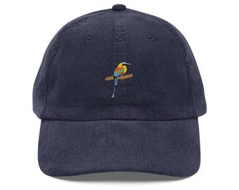 Turquoise-browed motmot embroidered tropical bird Vintage corduroy cap