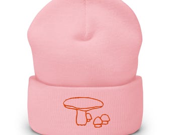Orange Line Art Mushroom Embroidered Cuffed Beanie | Cozy Winter Hat | Unique Gift for Nature Lovers & Mushroom Fans