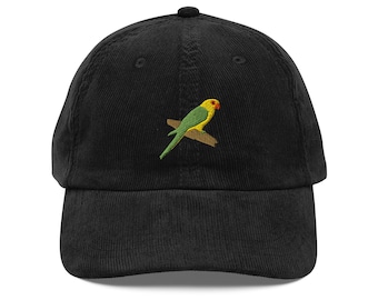 Parakeet Embroidered Bird Vintage Corduroy Cap | Adjustable Hat for Bird Lovers
