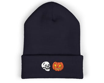 Embroidered Skull and Jack O Lantern Classic Cuffed Beanie (Embroidery)