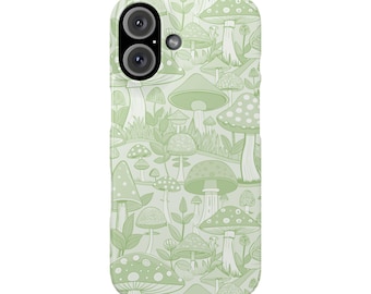 Lime Cream Mushroom Cottage Core Pattern Slim Phone Cases for iPhone 7-16 , Floral Phone Accessory, Boho Thin Mobile Case