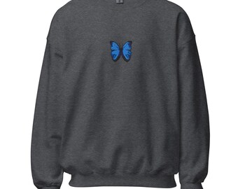 Blue Butterfly Sweatshirt, Unisex Embroidered Design, Cozy Pullover for Men & Women, Gift for Nature Lovers