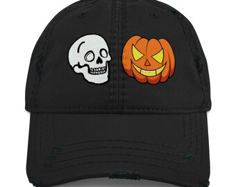 Halloween Skull and Pumpkin Hat – Distressed Dad Cap, DTF Printed Baseball Hat