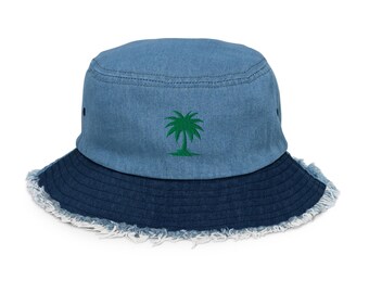 Palm Tree Embroidered Distressed Denim Bucket Hat | Summer Accessory, Trendy Hat for Men & Women, Vacation Style
