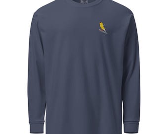 Embroidered American Goldfinch Long-Sleeve Shirt: Garment-Dyed Cotton, Bird Lover Gift