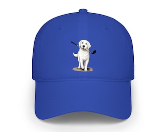 White Labrador Dog with Golf Club Low Profile Baseball Cap