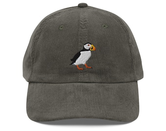 Atlantic Puffin Vintage Corduroy Cap | Embroidered Sea Bird Hat | Unique Wildlife Apparel & Accessories