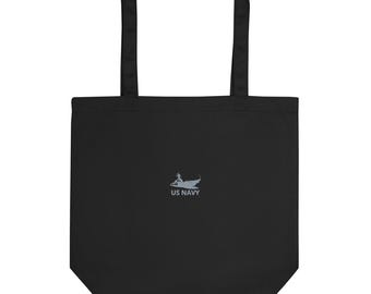 US Navy Ship Embroidered Tote Bag | Black and Natural Canvas Shoulder Bags | Military Gift for Veterans & Sailors