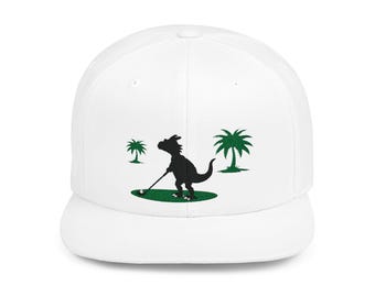 Dinosaur Golfer Embroidered Flat Bill Snapback Hat - Unique Baseball Cap for Golf Enthusiasts, Fun Dino Lover Gift, Adjustable Hipster Hat,