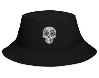 Confused Skull Embroidered Bucket Hat perfect for Spooky Season Hat and Halloween, Trendy Halloween Accessories & Gifts